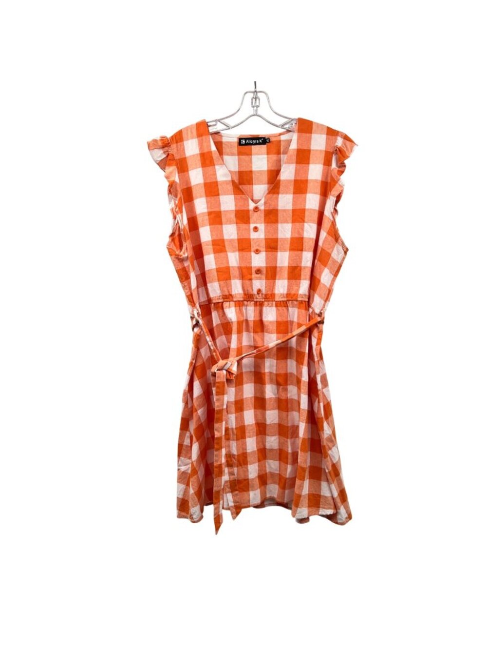 Allegra K Gingham A-Line Dress OrangeWhite Ruffle Cap Sleeve Size XL Belted